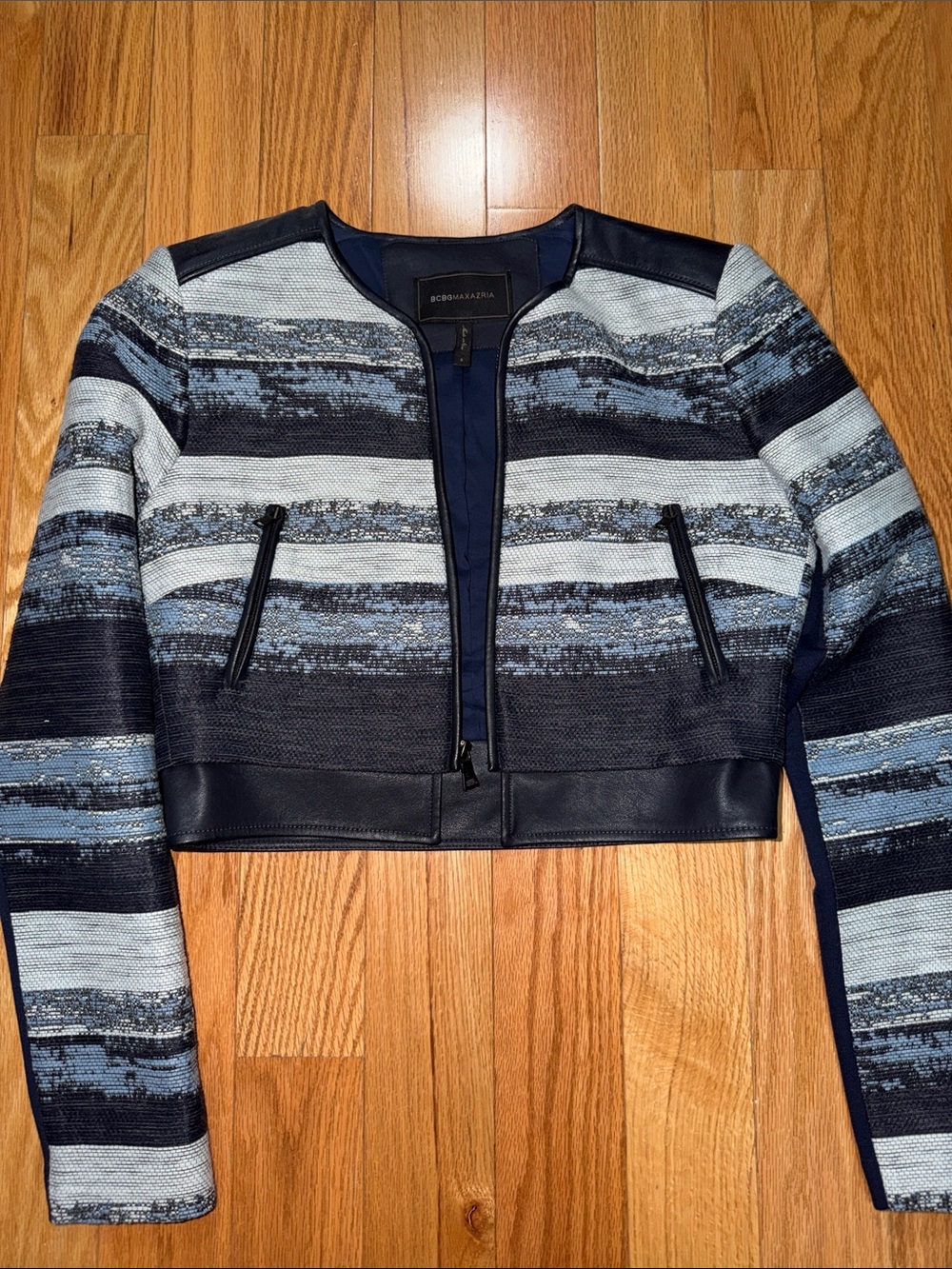 BCBGMaxAzria Navy and Light Blue Striped Cropped Blazer